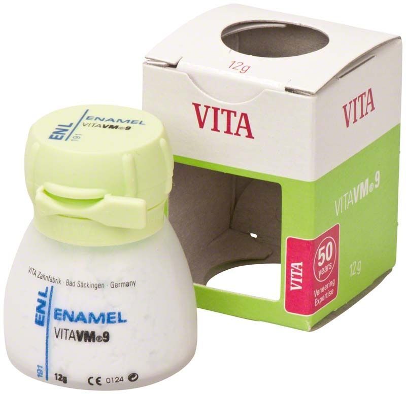 VITA VM9 ENL Feldspatkeramik 12g mit Verpackung im Hintergrund.