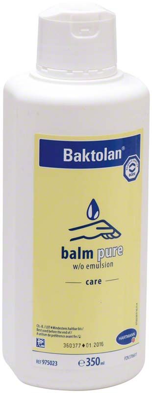 Baktolan® balm pure Flasche mit 350 ml wasser-in-öl Emulsion für Handpflege.