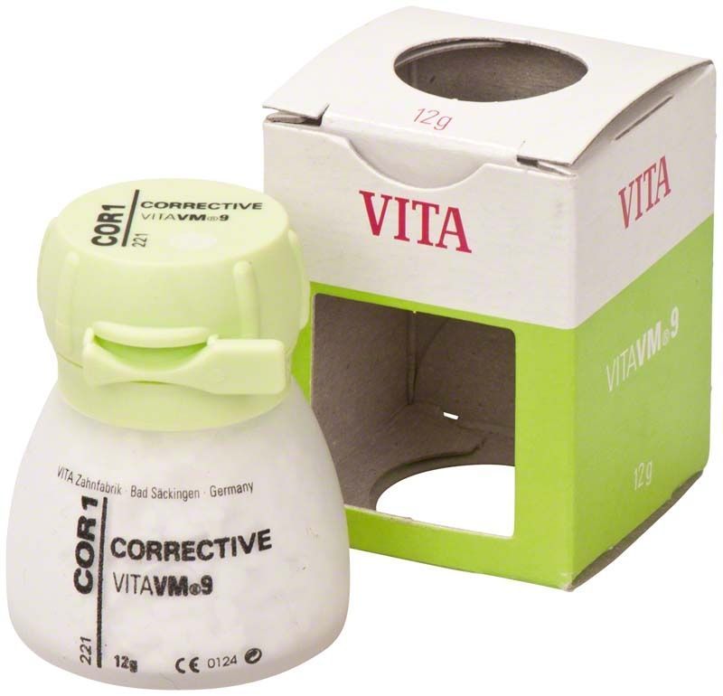VM9 Corrective 12g COR1 Keramikpulver in weiß-grüner Verpackung.