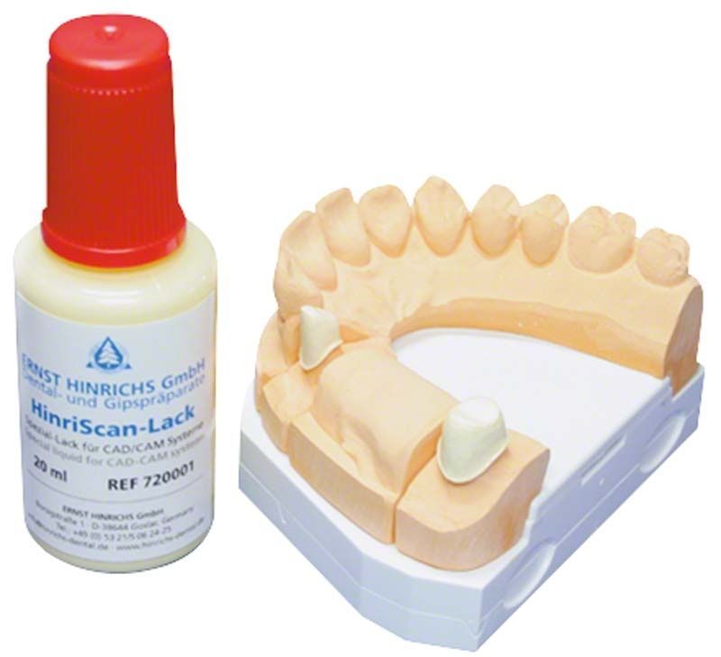 Flasche HinriScan-Lack neben einem Zahnmodell auf weißem Hintergrund.