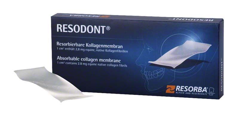 Resorbierbare Kollagenmembran RESORBA® RESODONT® in blauer Verpackung.