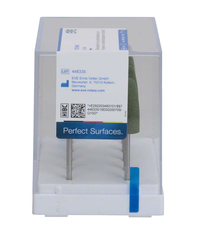 EVE TECHNIK 10er H334K Polierer in transparenter Verpackung mit grünem Schleifkopf.