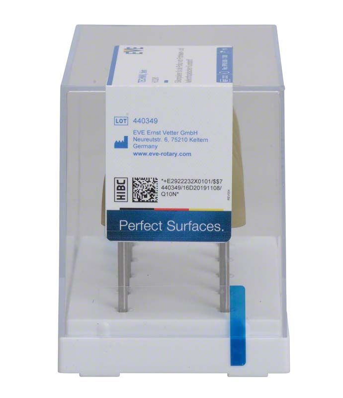 Transparente Verpackung mit EVE TECHNIK 10er H332Kf Dentalpolierer und Produktetikett.
