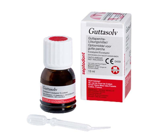 Guttasolv-Flasche mit Verpackung und Pipette für die Wurzelkanalbehandlung.