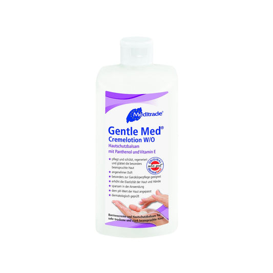 Weiße Flasche Gentle Med® Cremelotion 500ml mit blauem Etikett.