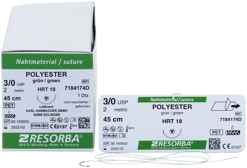 RESORBA® Polyester Nahtmaterial HRT18 3/0 45cm in geöffneter Verpackung.
