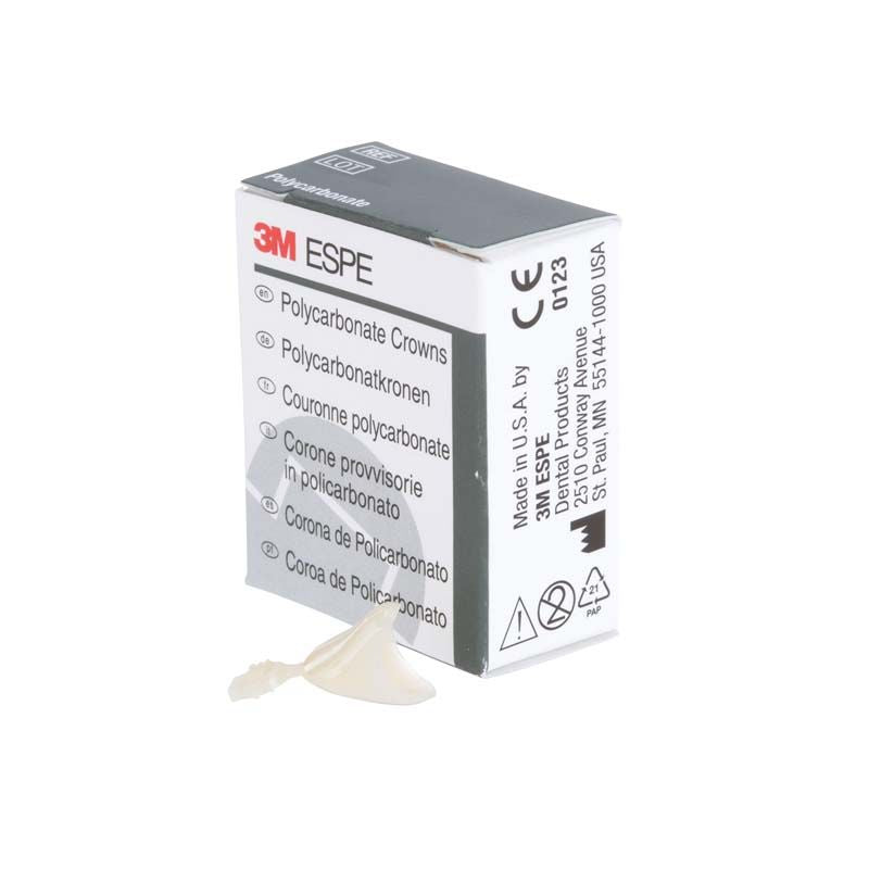 Polycarbonat-Krone für Eckzähne Nr. 37 neben Verpackung von 3M.