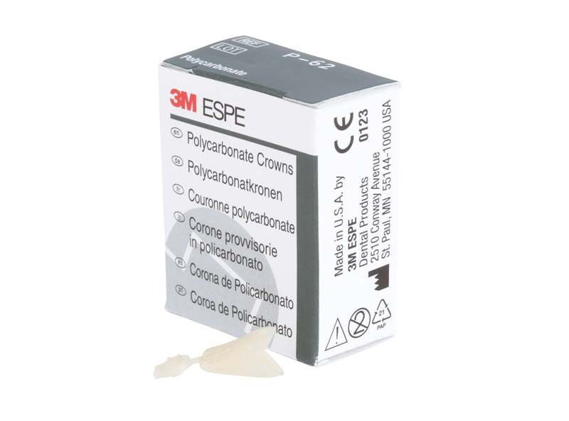 Polycarbonat-Kronen UK Front Nr. 62 neben geöffneter 3M ESPE Verpackung.