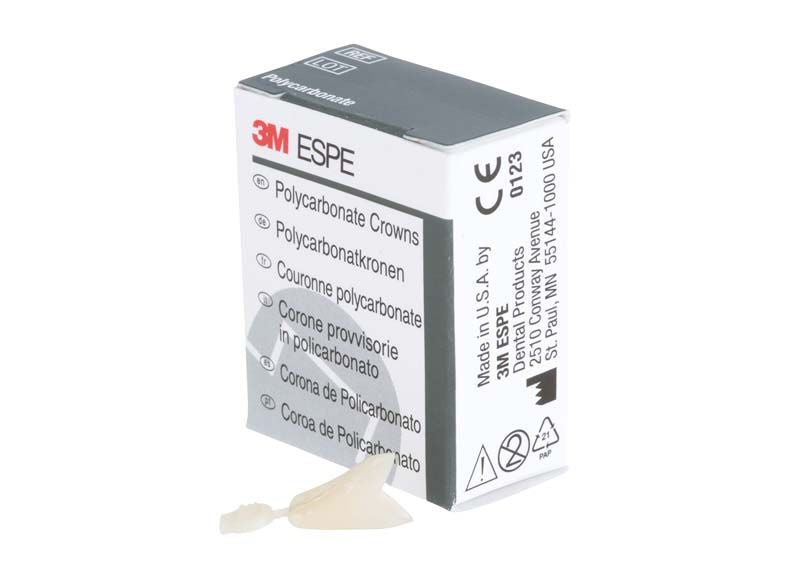 Polycarbonat-Kronen UK Front Nr. 66 mit geöffneter Verpackung und sichtbarer Zahnkrone.