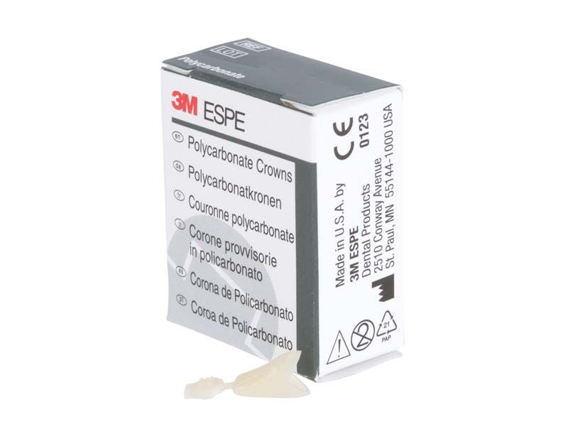 Polycarbonat-Kronen-Verpackung mit zwei Zahnkronen und 3M-Logo im Vordergrund.