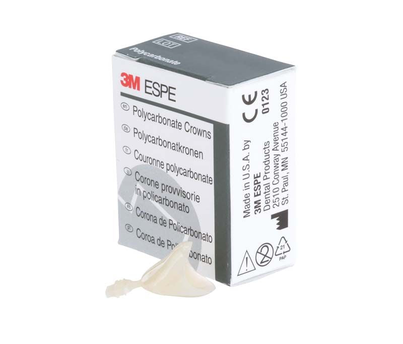 Polycarbonat-Kronen Eckzähne Nr. 303 vor 3M ESPE Verpackung.