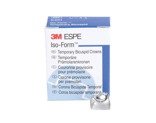 Iso-Form Kronen Prämolaren U-43 Verpackung mit sichtbarer Krone vorne.