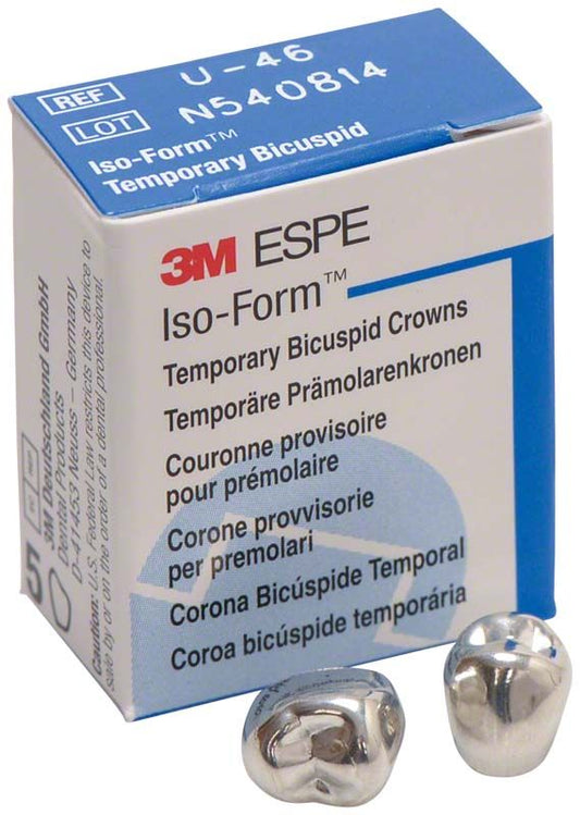 Iso-Form Kronen Prämolaren OK U-46 in Produktverpackung mit zwei Kronen.