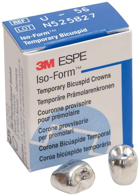 Iso-Form Kronen Prämolaren OK U-56 mit Verpackung und zwei Metallkronen.