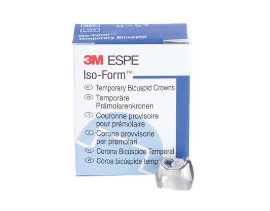 Iso-Form Prämolarenkrone U-57 mit Verpackung im Hintergrund.