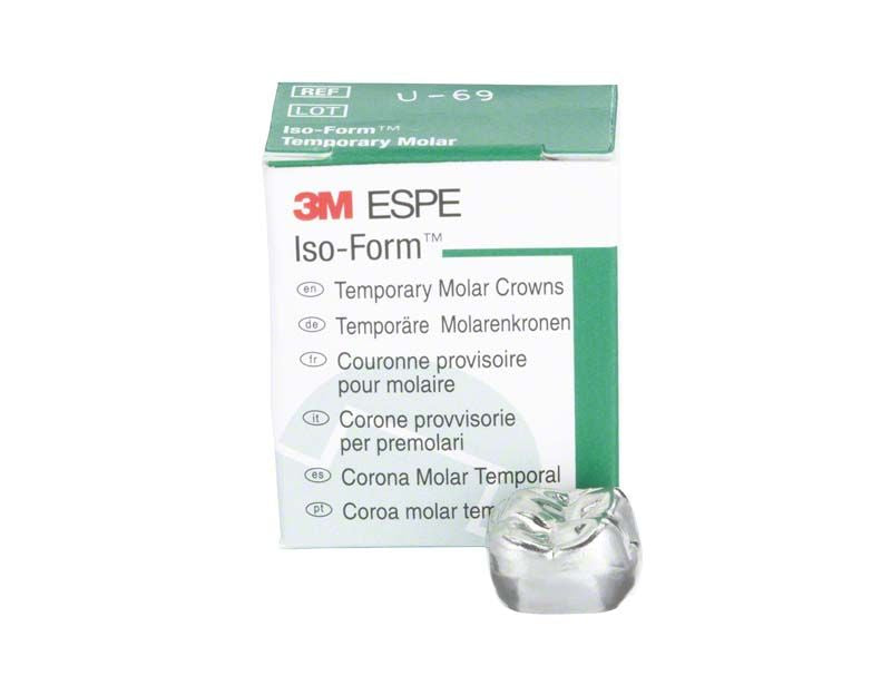 Iso-Form temporäre Edelstahlkrone für Molaren, Verpackung und Produktansicht.