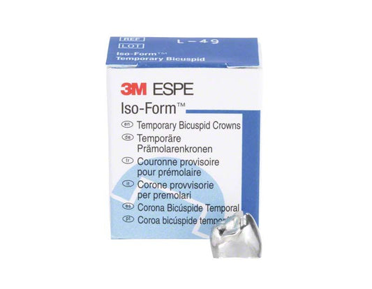 Temporäre Prämolarenkrone Iso-Form L-49 mit Verpackung.