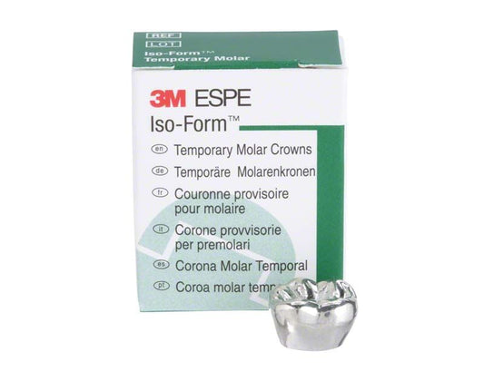 Iso-Form Kronen Molaren UK L-66 mit Verpackung im Hintergrund.