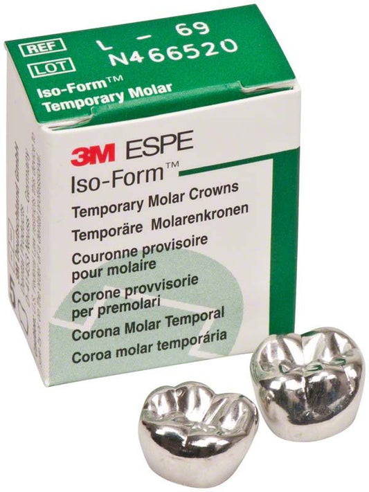 Iso-Form Kronen Molaren UK L-69 Verpackung mit zwei metallischen Zahnkronen.