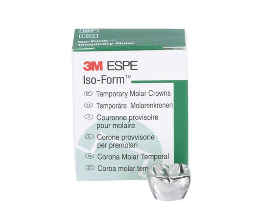 Temporäre Molarenkrone Iso-Form mit Verpackung im Hintergrund.