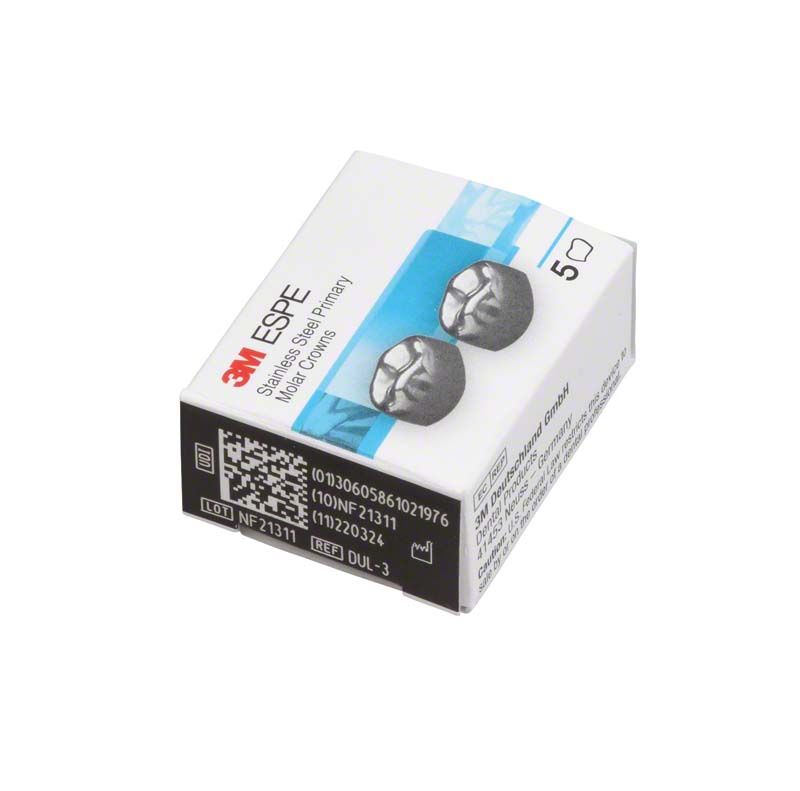 Edelstahlkronen für Milchzahnmolaren in geöffneter 3M ESPE Verpackung.