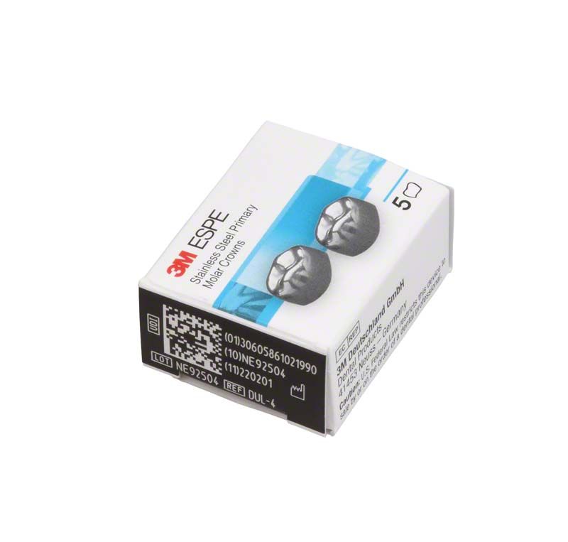 Edelstahlkronen für Milchzahnmolar in Originalverpackung mit Produktdetails.