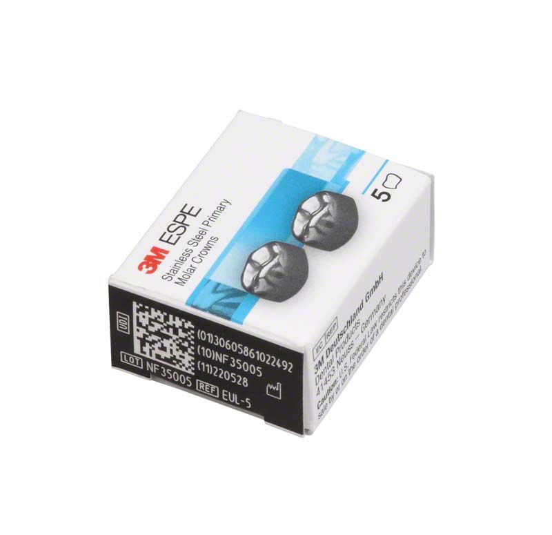 Edelstahlkronen für Milchzahnmolar, Verpackung mit zwei Kronenabbildungen.