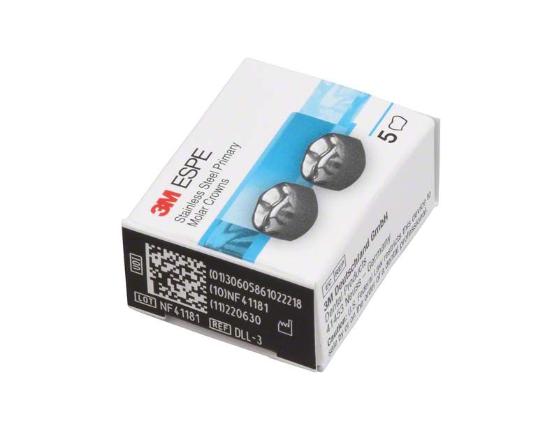 Edelstahlkronen-Verpackung mit Abbildung von zwei Kronen und 3M-Logo.