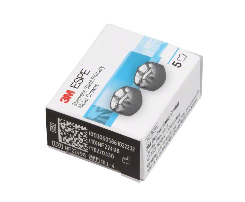 Verpackung der 3M Edelstahlkronen für Unterkiefer-Milchzahnmolaren, fünf Stück.