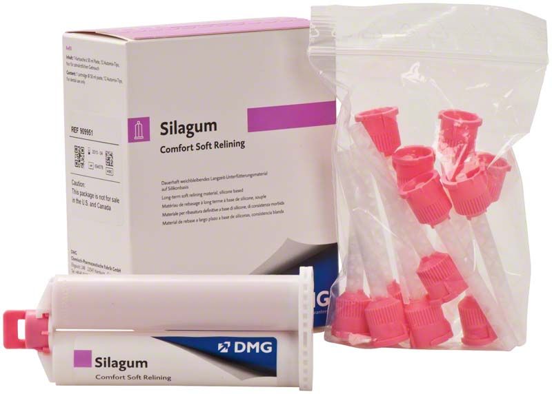 Silagum Comfort Kartusche 50ml mit Verpackung und rosa Mischdüsen.