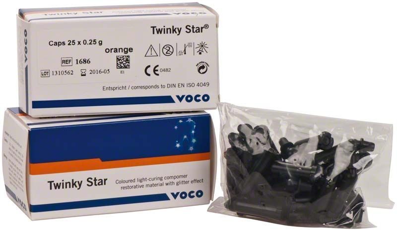 Twinky Star Caps orange Compomer Füllungsmaterial in Verpackung mit Glitzereffekt.