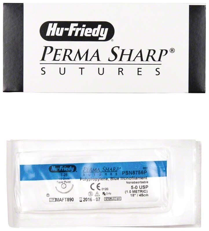 Verpackung des Perma Sharp Nahtmaterials Polypropylene 5/0 T-28 für Dentalanwendungen.