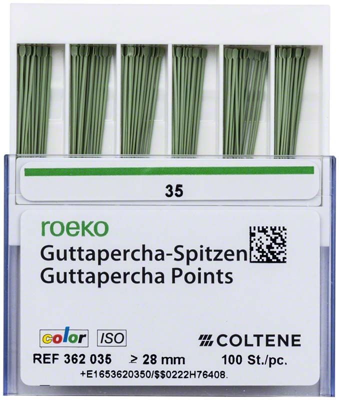 ROEKO Guttapercha-Spitzen Gr. 035 in grüner Farbe, 100 Stück.
