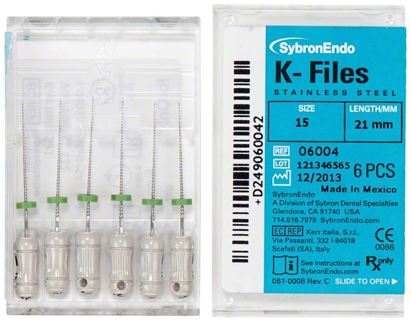 SybronEndo K-Feilen 21mm ISO 015 in Kunststoffverpackung mit Etikett.