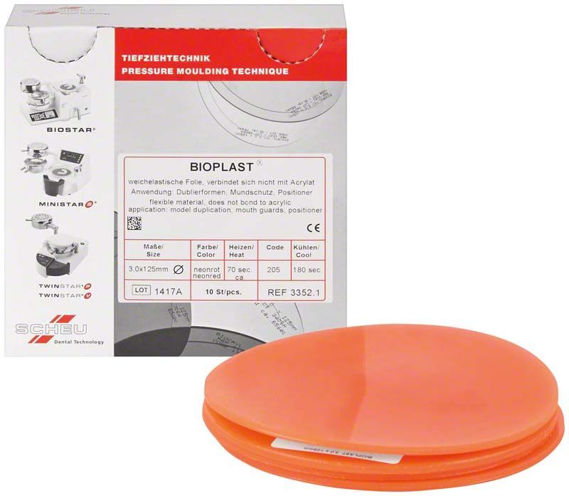 Weichelastische neonrote BIOPLAST® Tiefziehfolie für dentalen Sportmundschutz.