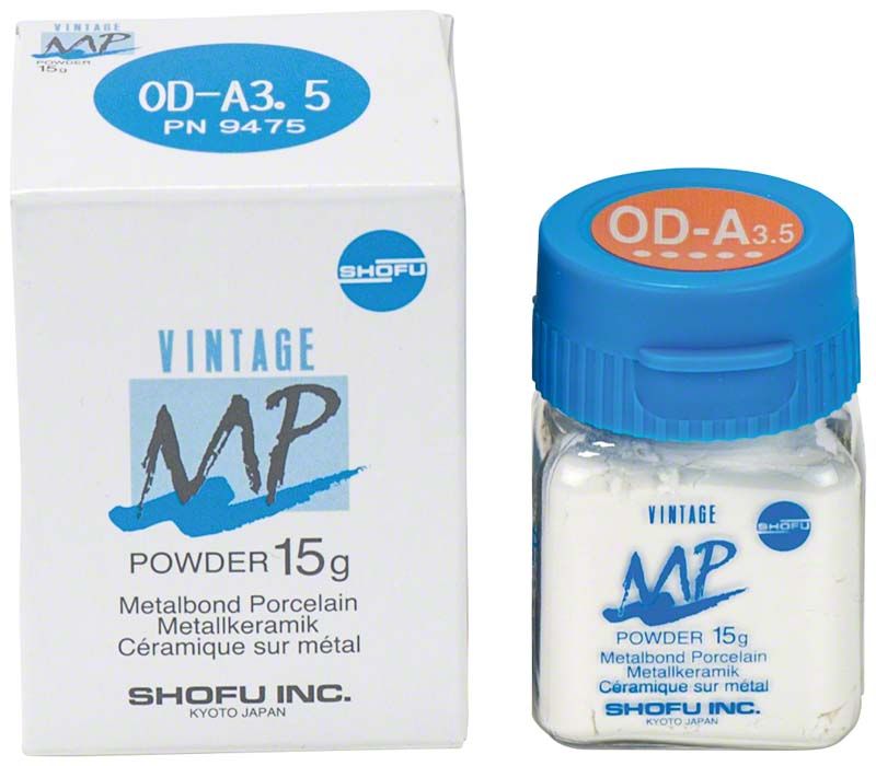VINTAGE MP Opaque Dentin OD-A3,5 Keramikpulver in 15g Glasflasche mit Verpackung.
