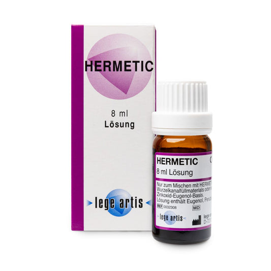 Hermetic Lösung Zinkoxid-Eugenol-Sealer zur Wurzelfüllung, 8 ml Flasche und Verpackung.