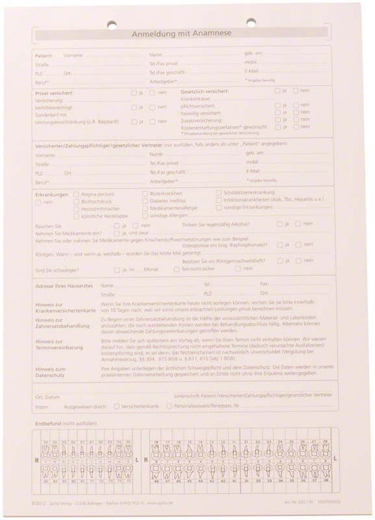Anmeldeformular mit Anamnese-Fragen und Zahnstatus-Darstellung auf A4-Papier.