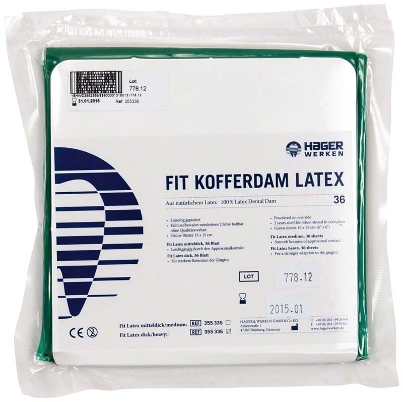 Fit Kofferdam Latex in grüner Verpackung mit Produktinformationen.