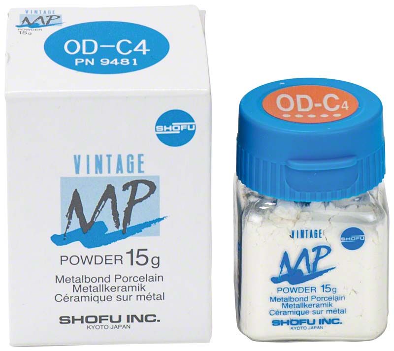 VINTAGE MP Opaque Dentin 15g OD-C4 mit Verpackung und Glasbehälter.
