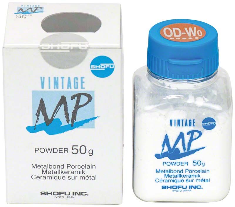 VINTAGE MP Opaque Dentin 50g OD-WO in weißem Behälter mit Verpackung.