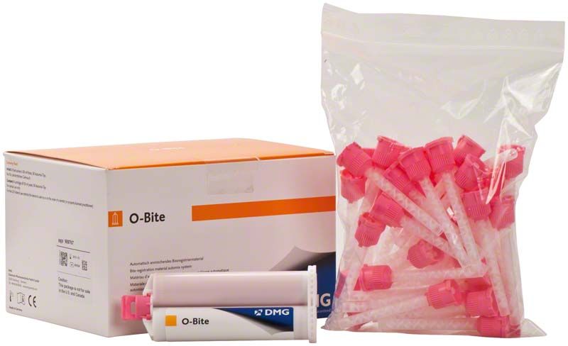 O-Bite Kartuschen 8 x 50ml mit rosa Mischdüsen und Verpackung.