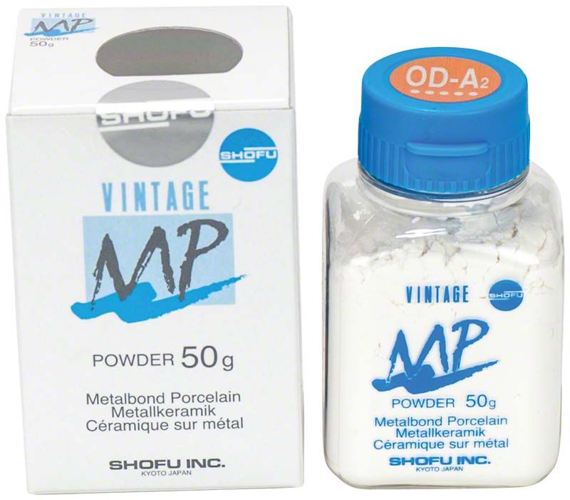 Flasche mit Vintage MP Opaque Dentin 50g OD-A2 und Verpackung.