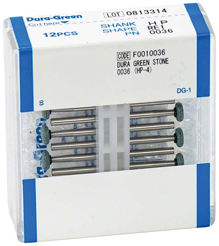 Dura-Green® HP RE1 Schleifsteine in Kunststoffbox, 12 Stück sichtbar.