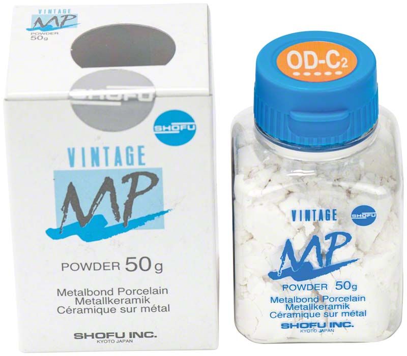 Vintage MP Opaque Dentin 50g OD-C2 Verpackung und Flasche mit weißem Pulver.