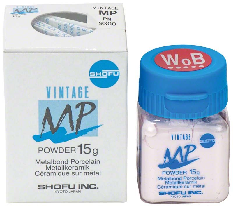 Vintage MP Dentin 15g W0B Pulver in Glasbehälter mit Verpackung.