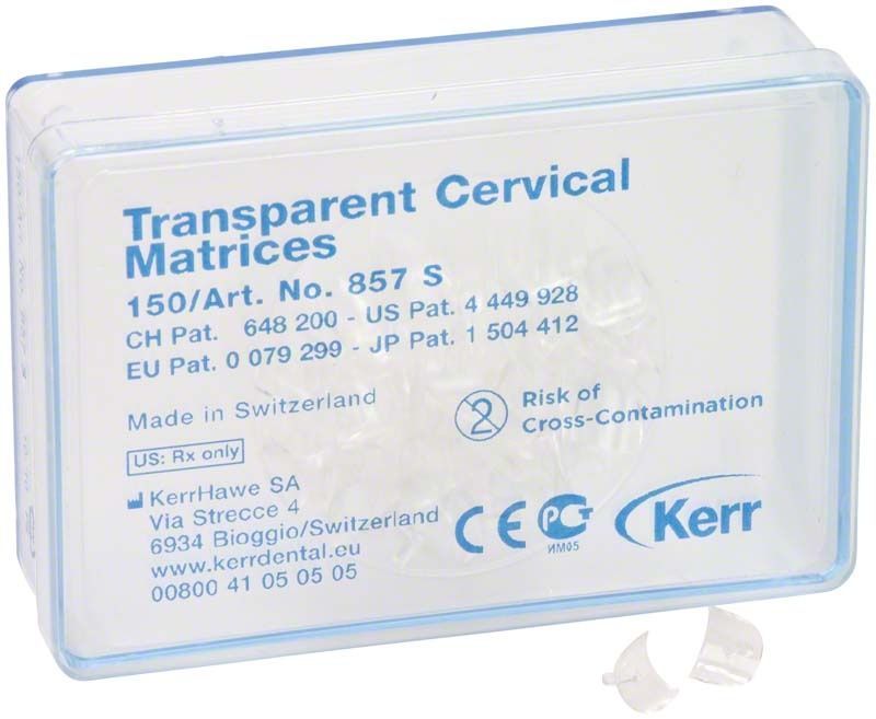 Kunststoffbox mit Hawe Zervikalfolien transparent 857S, Kerr-Logo sichtbar.