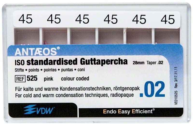 Guttapercha-Stifte .02 Gr. 45 von VDW in Verpackung.