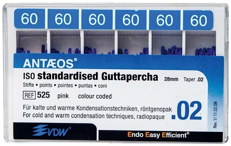 Guttapercha-Stifte .02 Gr. 60 in blauer Verpackung von VDW.