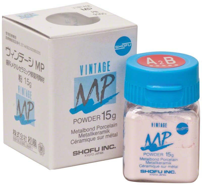 VINTAGE MP Dentin 15g A2B, Metallkeramikpulver in weißer Verpackung.